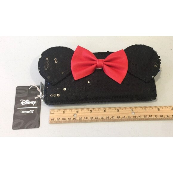 Loungefly x Disney Hard Tag Sequined Minnie Ears Zip Wallet Black Red Bow - Picture 5 of 5